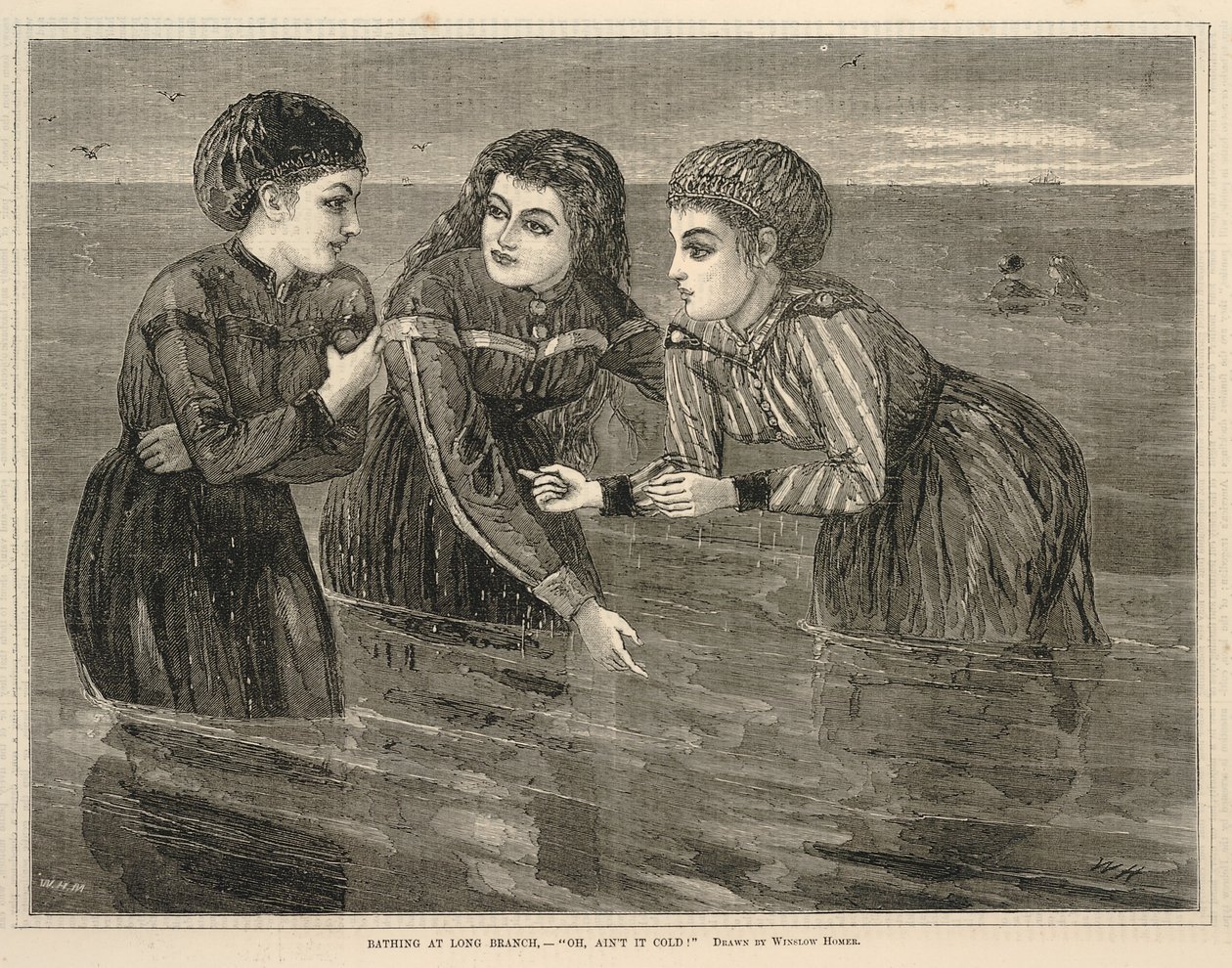 Baden in Long Branch - "Oh, ist das kalt!", aus Every Saturday, 26. August 1871 von Winslow Homer