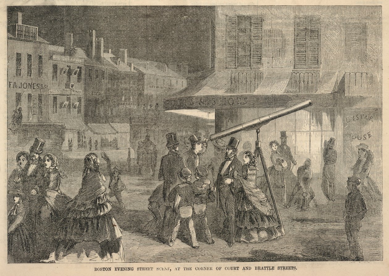 Bostoner Abendstraßenszene, an der Ecke von Court und Brattle Streets, aus Ballou
