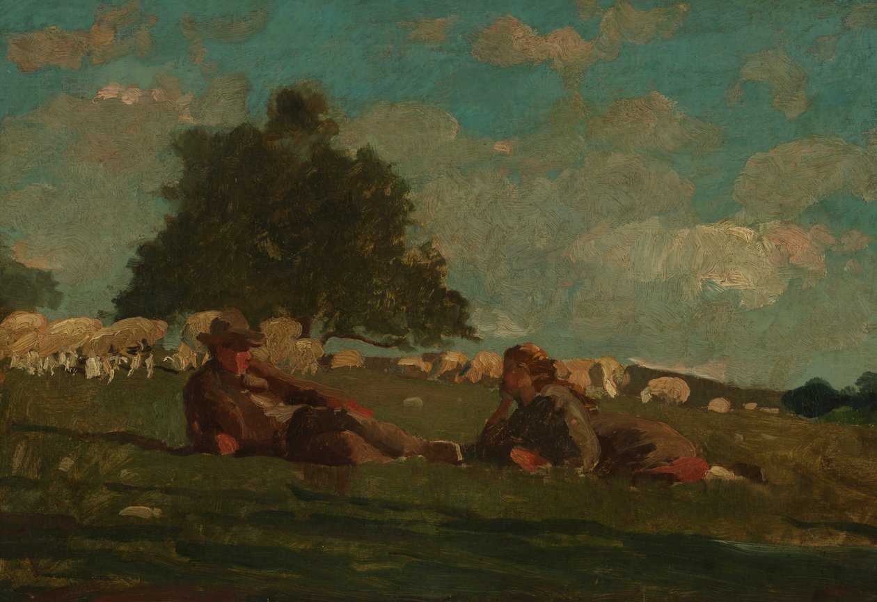 Junge und Mädchen auf einem Feld mit Schafen von Winslow Homer