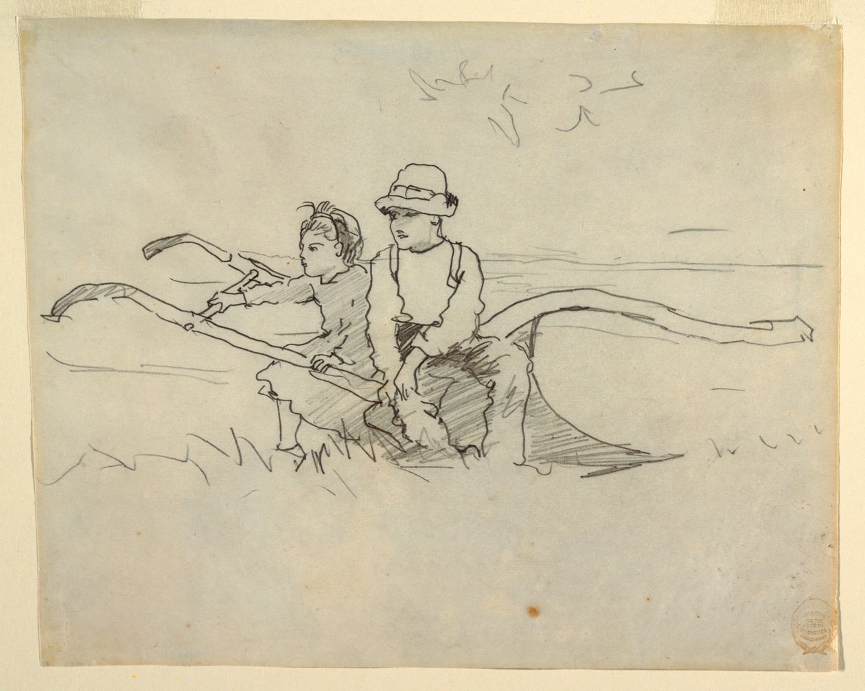 Zeichnung, Junge und Mädchen auf einem Pflug sitzend, 1879 von Winslow Homer