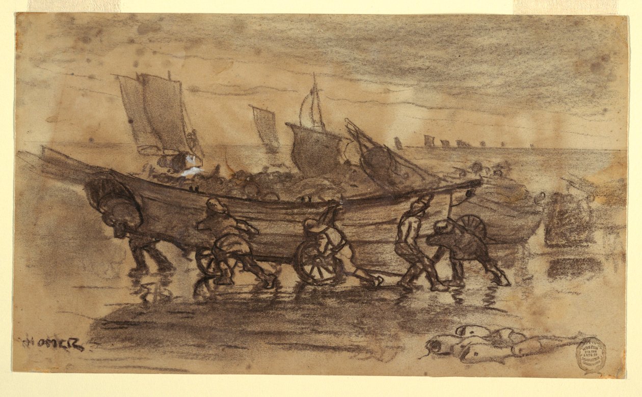 Fischer, die eine Dory an Land ziehen, Cullercoats, England, 1881 von Winslow Homer