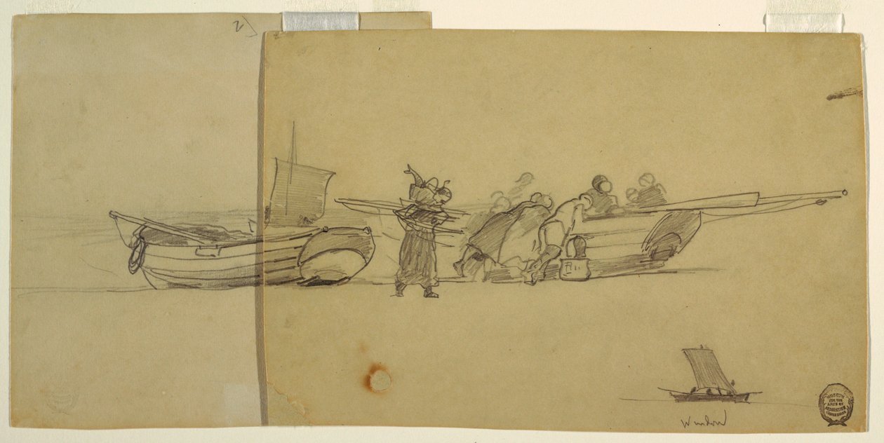 Männer und Frauen entladen ein Fischerboot, Cullercoats, England von Winslow Homer