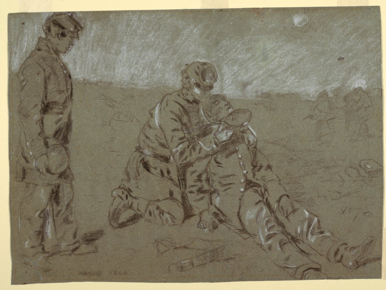 Soldat gibt einem verwundeten Kameraden Wasser, 1864 von Winslow Homer