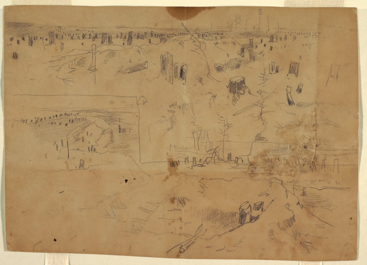 Studien eines Schlachtfelds mit Baumstümpfen und zerstörten Baumstämmen, Petersburg, Virginia, 1864 von Winslow Homer