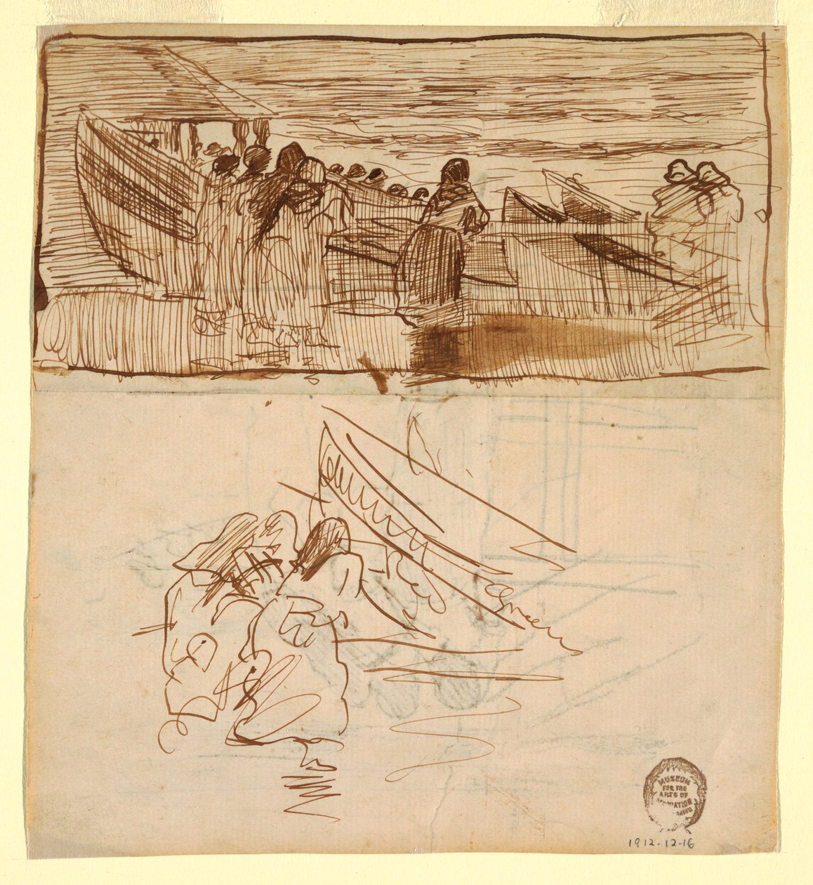 Zwei Studien von Frauen, die das Zuwasserlassen von Dories beobachten, Cullercoats, England, 1881 von Winslow Homer