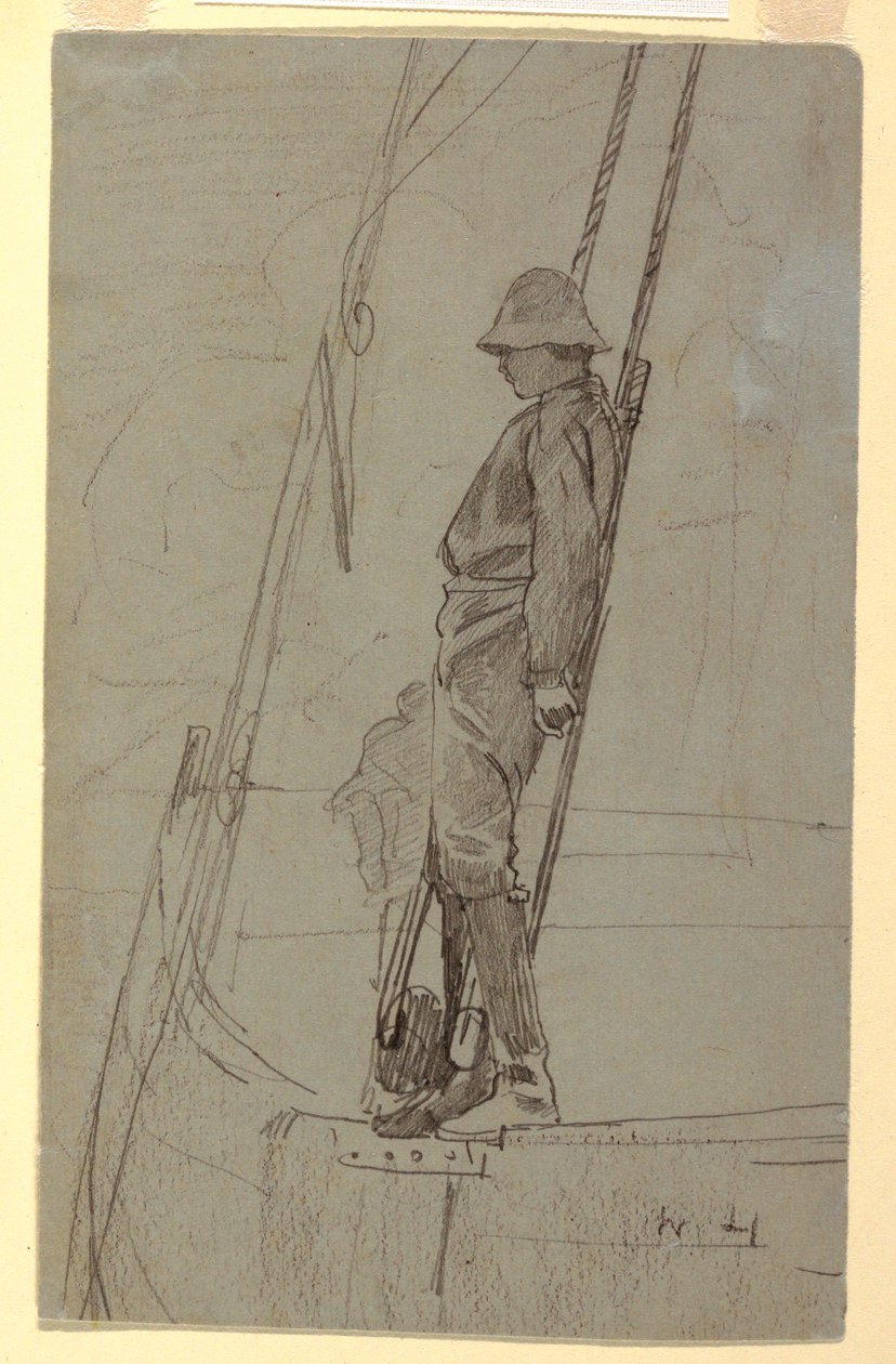Zeichnung, Junger Mann lehnt an Segelboot-Rigg, wahrscheinlich 1861–62 von Winslow Homer