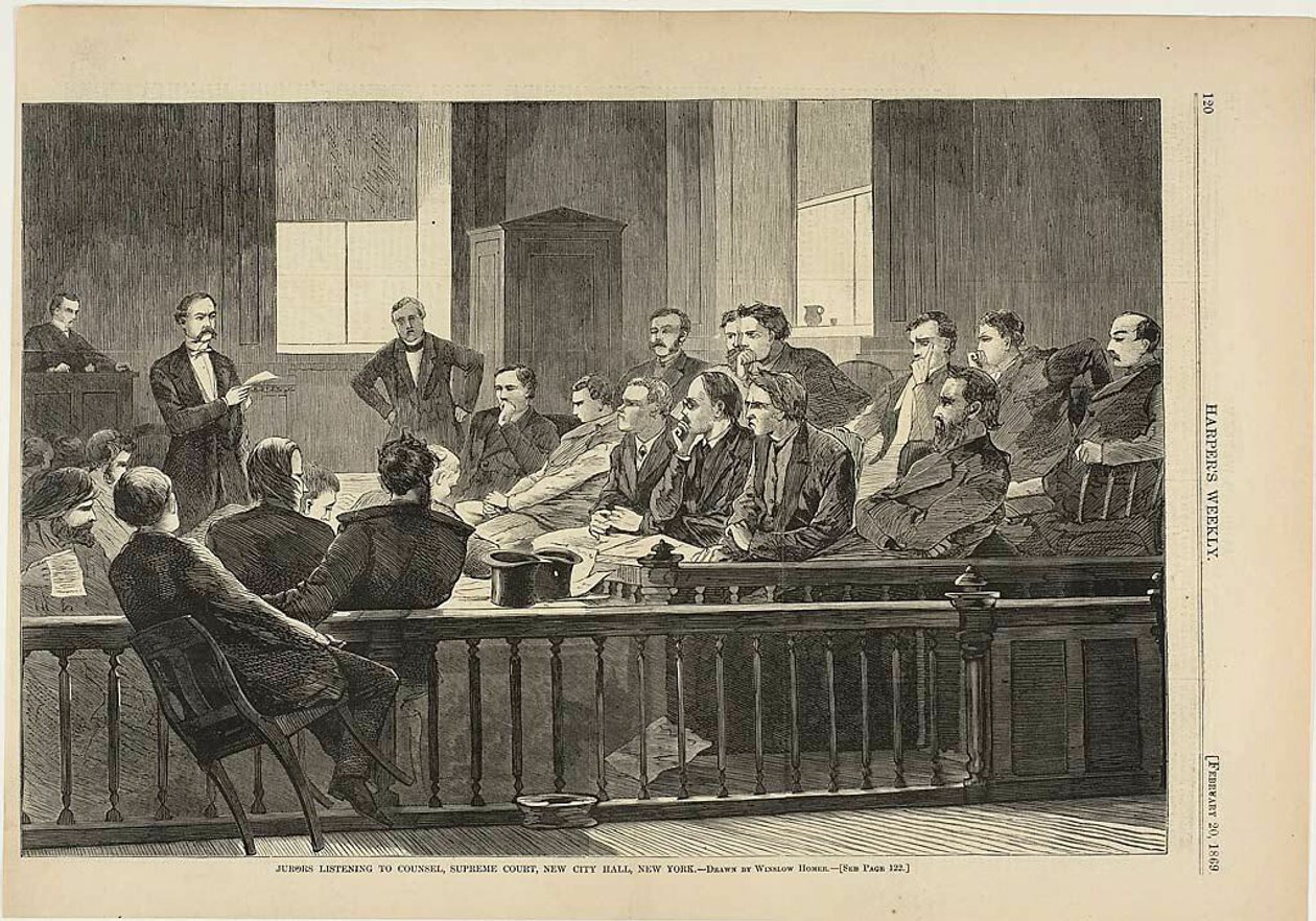 Geschworene hören dem Anwalt zu, Oberster Gerichtshof, Neues Rathaus, New York von Winslow Homer