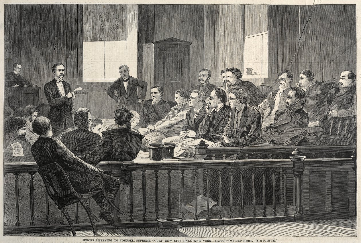 Geschworene hören dem Anwalt zu, Oberster Gerichtshof, New City Hall, New York, 1869 von Winslow Homer
