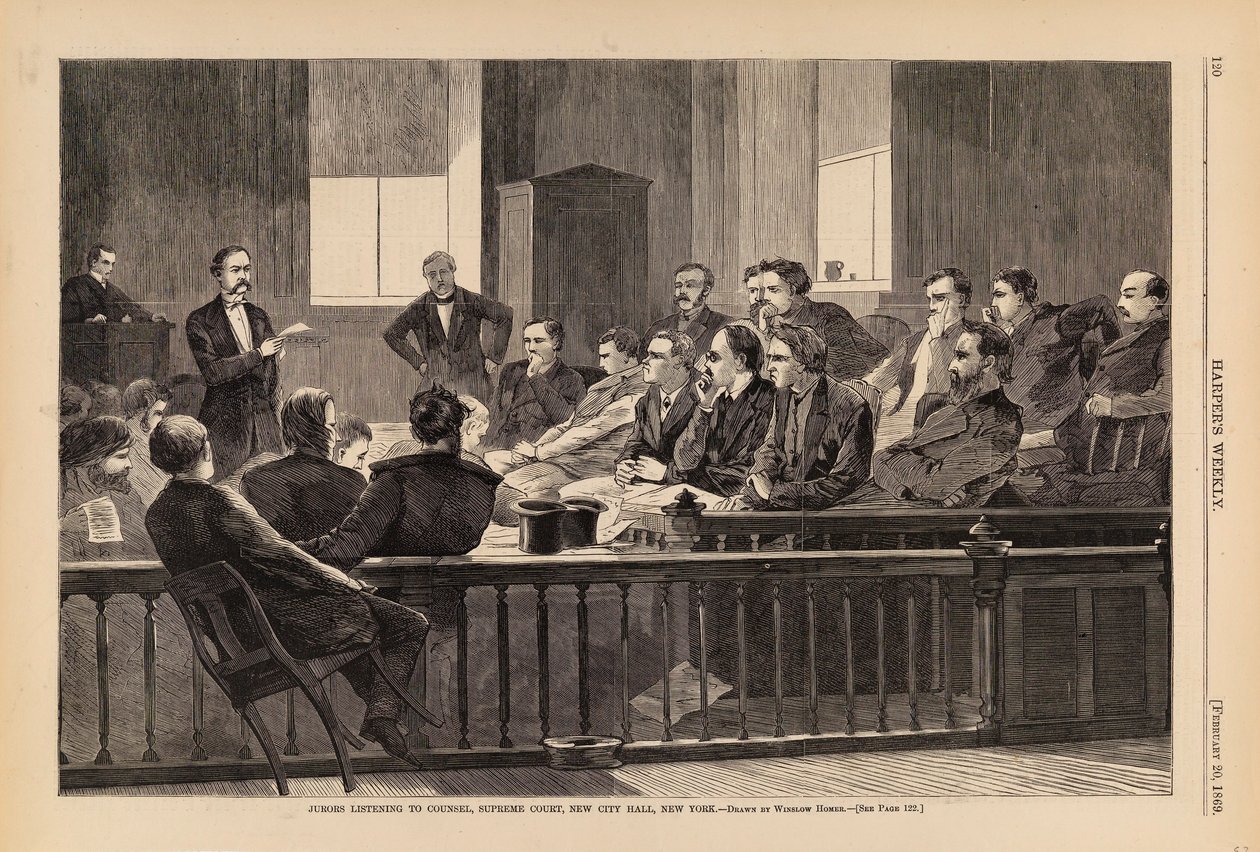 Geschworene hören dem Anwalt zu, Oberster Gerichtshof, Neues Rathaus, New York, aus Harper
