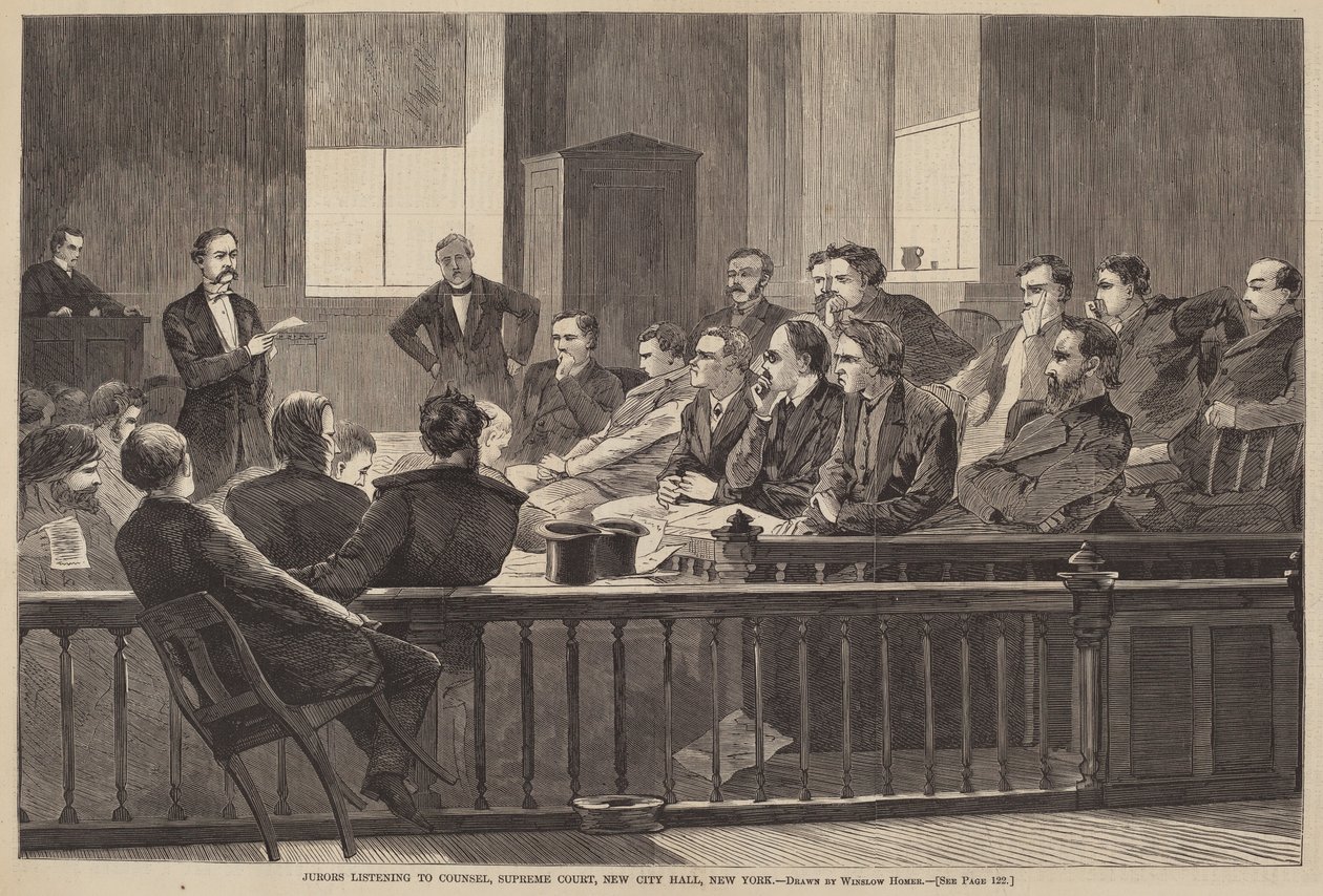 Geschworene hören dem Anwalt zu, Oberster Gerichtshof, Neues Rathaus, New York von Winslow Homer