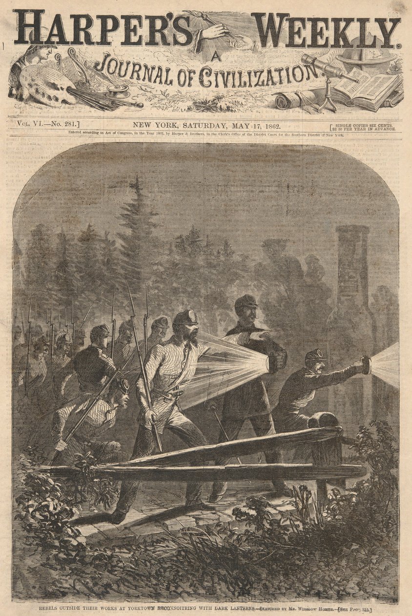 Rebellen außerhalb ihrer Werke in Yorktown, die mit dunklen Laternen erkunden, aus Harper von Winslow Homer