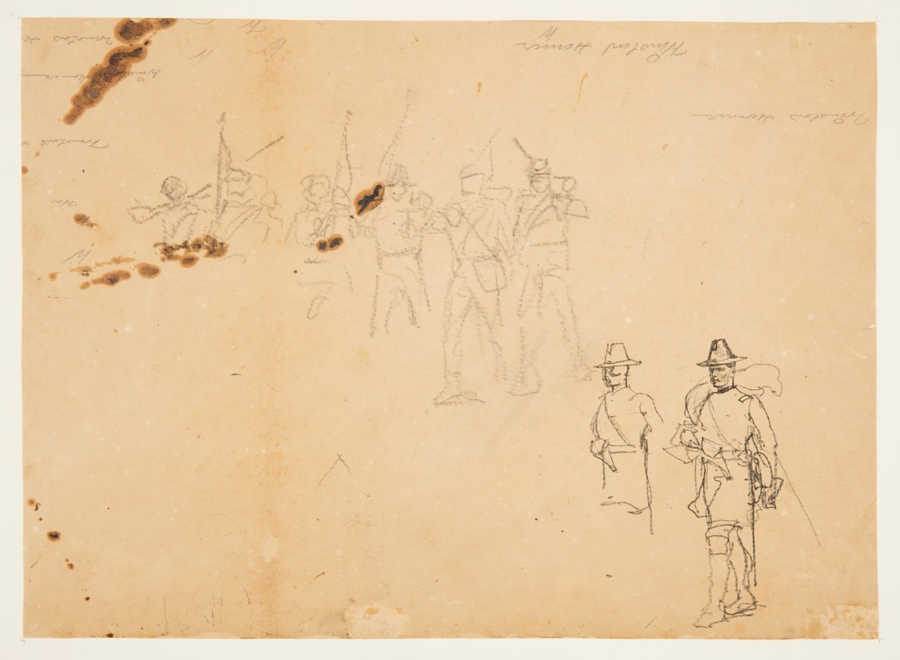 Skizzen einzelner Infanteriefiguren und Übungsunterschriften von Winslow Homer