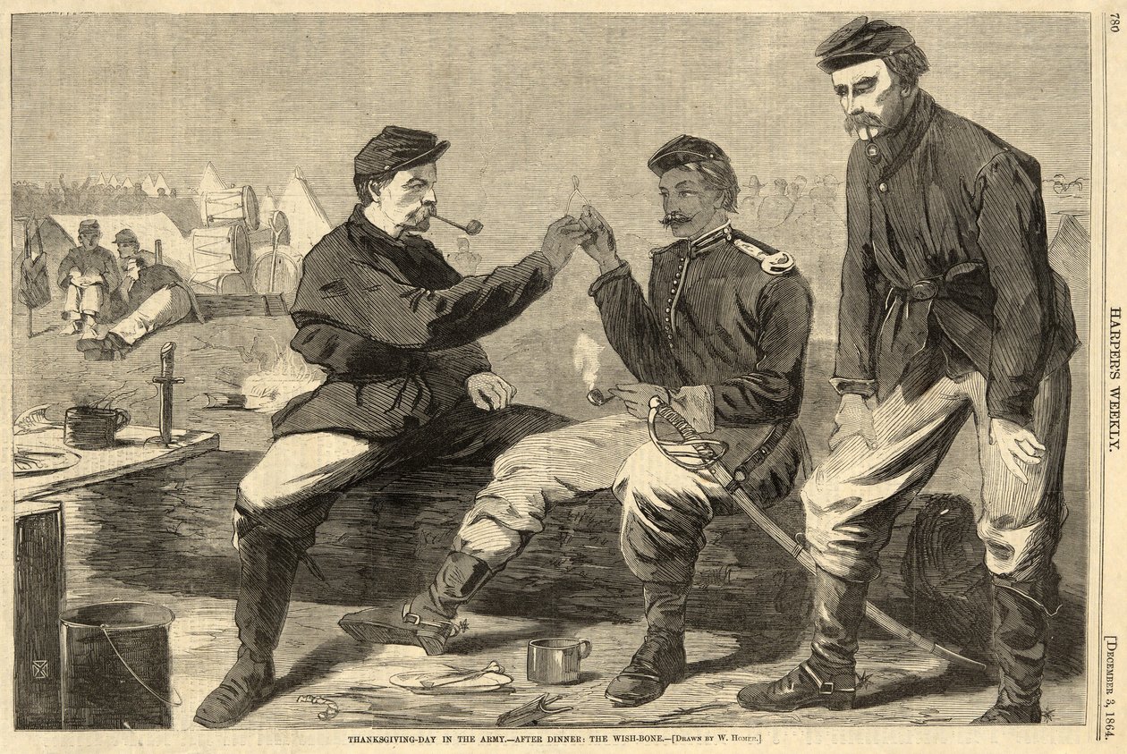 Thanksgiving-Day in der Armee - Nach dem Abendessen: Der Wunschknochen, aus Harpers Weekly, veröffentlicht 1864 von Winslow Homer