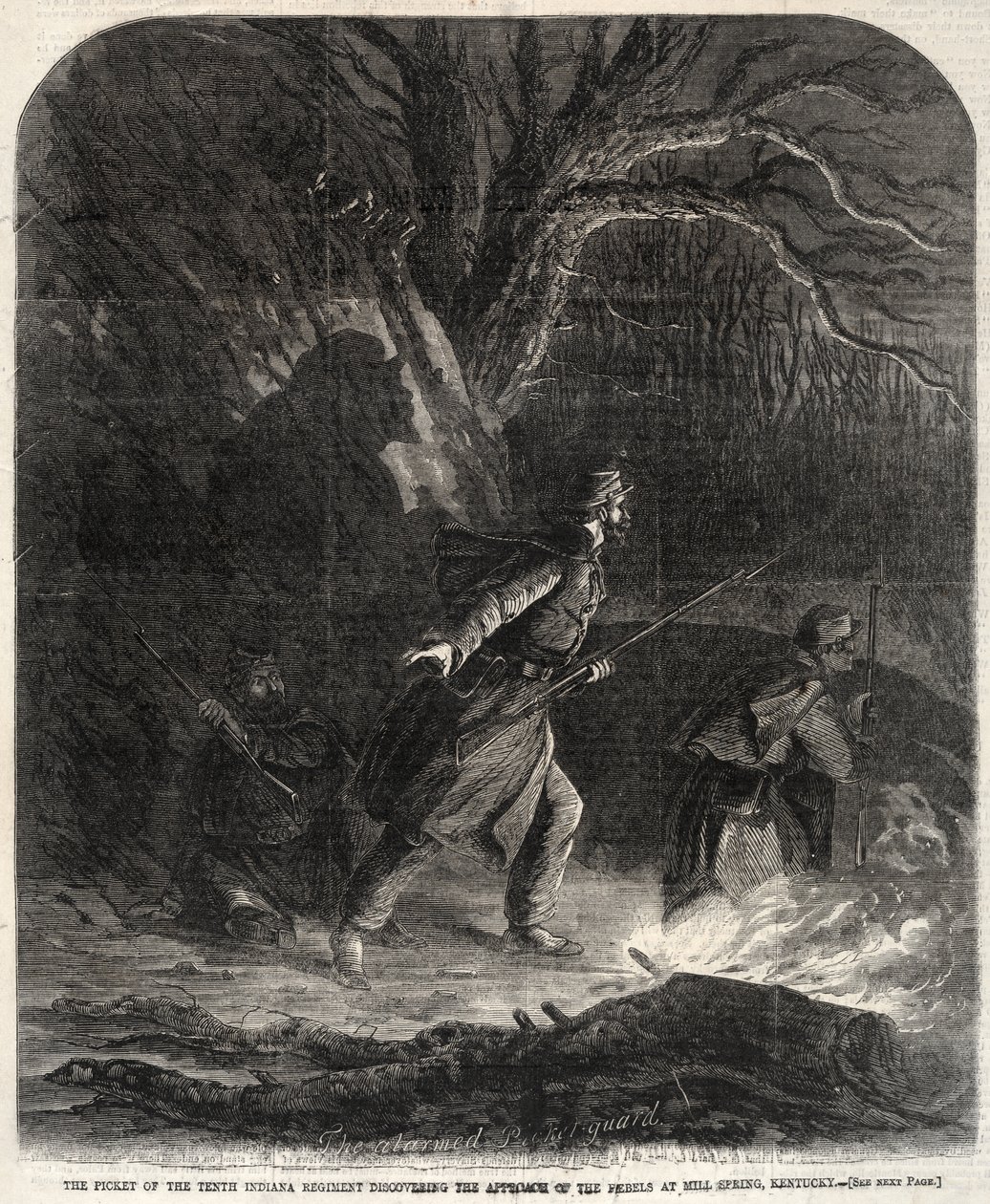 Die Vorhut des zehnten Indiana-Regiments entdeckt den Anmarsch der Rebellen bei Mill Spring, Kentucky von Winslow Homer