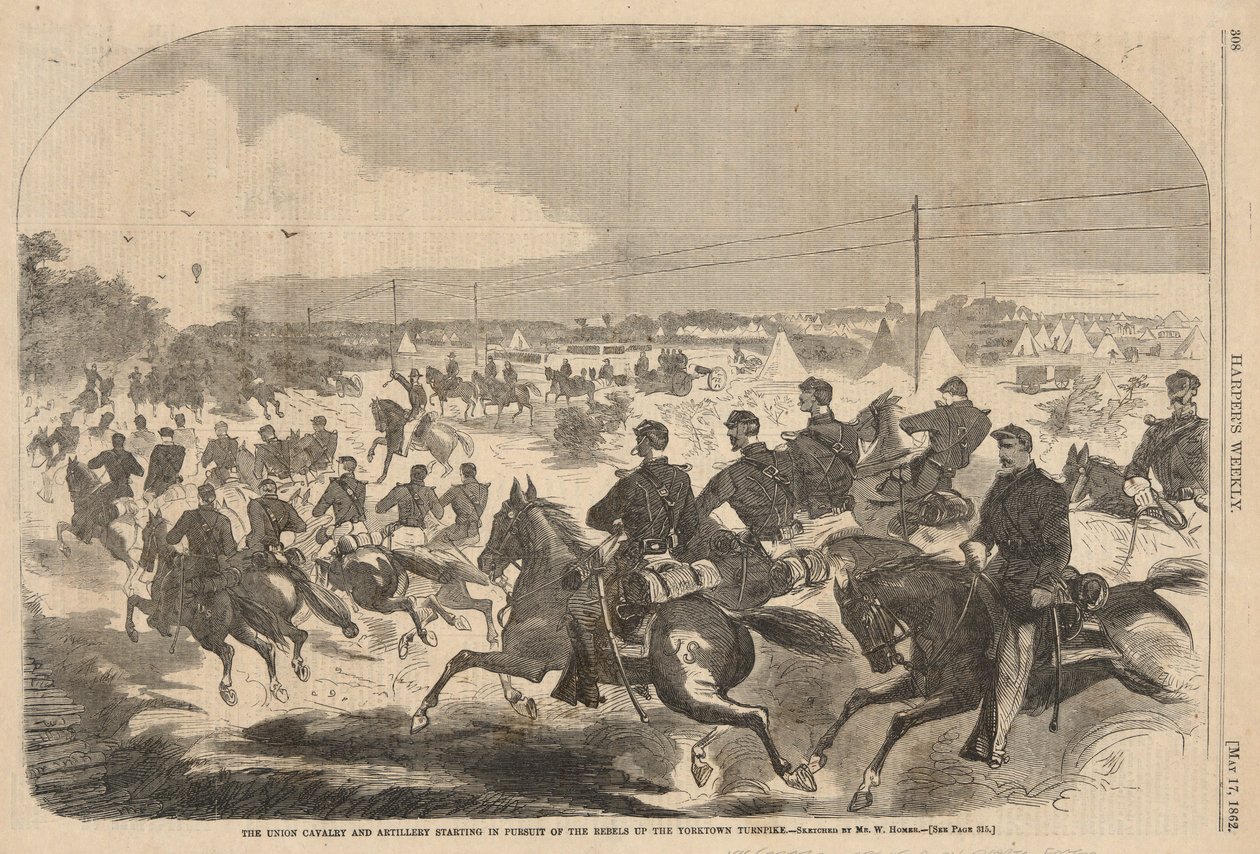 Die Union Kavallerie und Artillerie starten die Verfolgung der Rebellen auf der Yorktown Turnpike, aus Harper von Winslow Homer