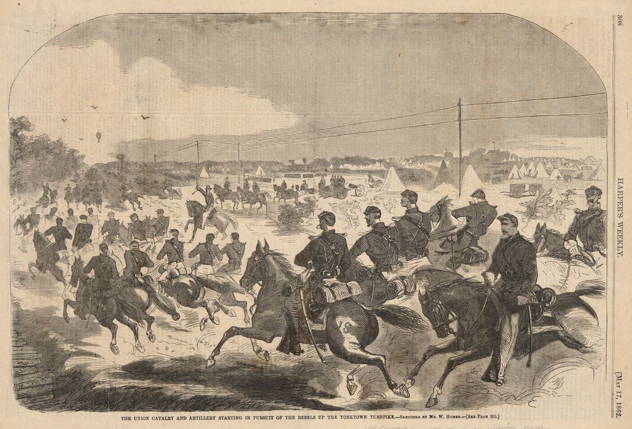 Die Union Kavallerie und Artillerie beginnt die Verfolgung der Rebellen auf dem Yorktown Turnpike, aus Harper