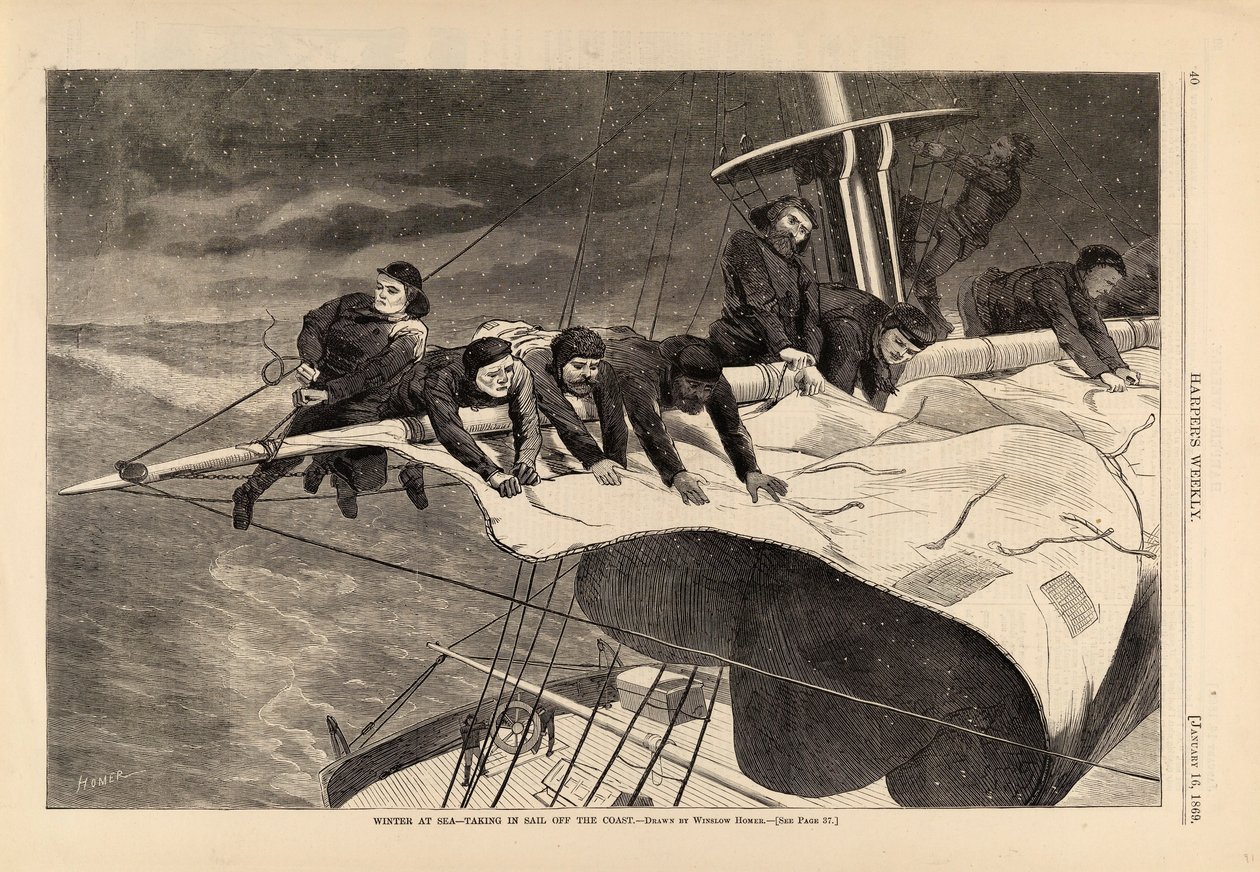 Winter auf See - Segel einholen vor der Küste, aus Harper