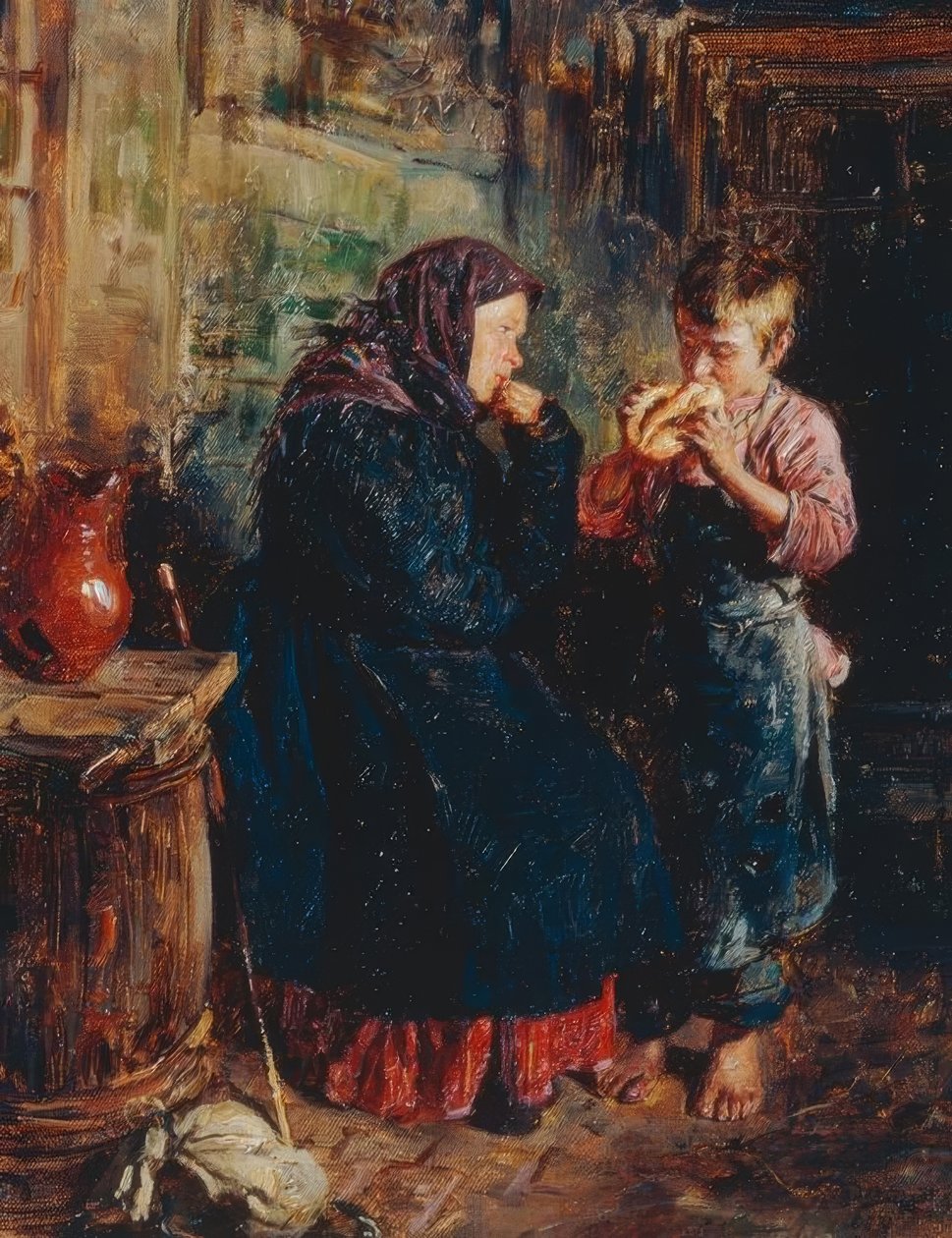 Alte Frau und Junge mit Brot von Wladimir Jegorowitsch Makowski