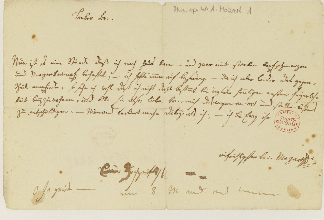 Brief von Mozart an einen Freimaurer, Januar 1786 von Wolfgang Amadeus Mozart