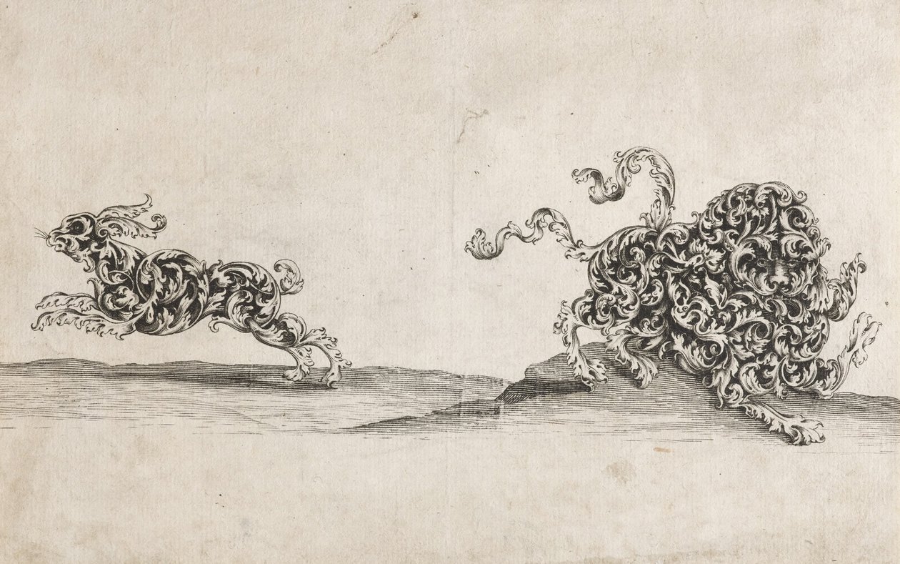 Löwe und Hase aus ornamentalem Blattwerk von Wolfgang Hieronymus von Bömmel