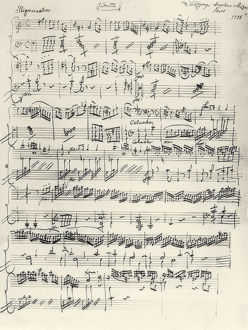 Beginn der Klaviersonate A-Moll. KV310. Autograph von Wolfgang Amadeus Mozart