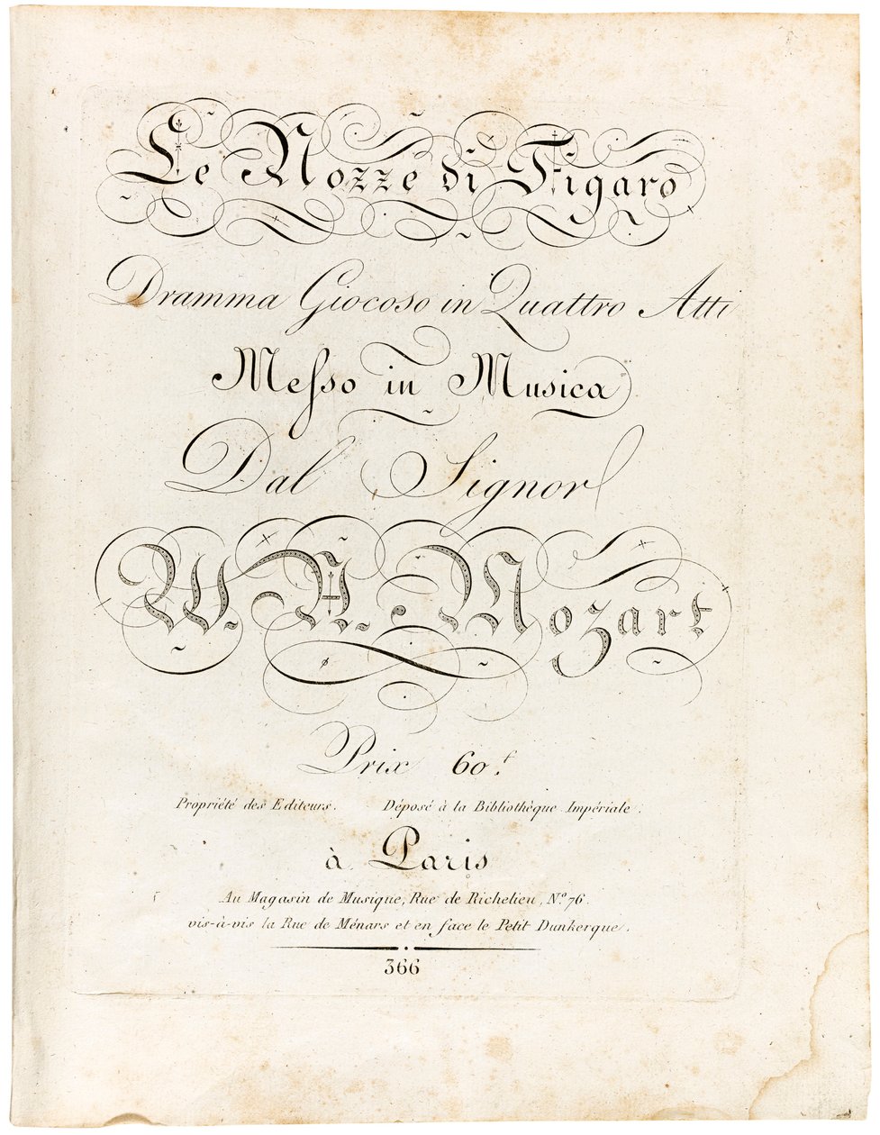 Titelblatt der Partitur Le nozze di Figaro dramma giocoso in quattro atti, zwischen 1806 und 1810 von Wolfgang Amadeus Mozart