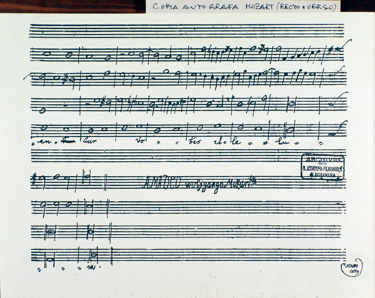 Notenblatt von Querite primum regnum Dei von Mozart zur Erlangung des Titels Accademia filarmonico, Version korrigiert von Vater Martini (1770) von Wolfgang Amadeus Mozart