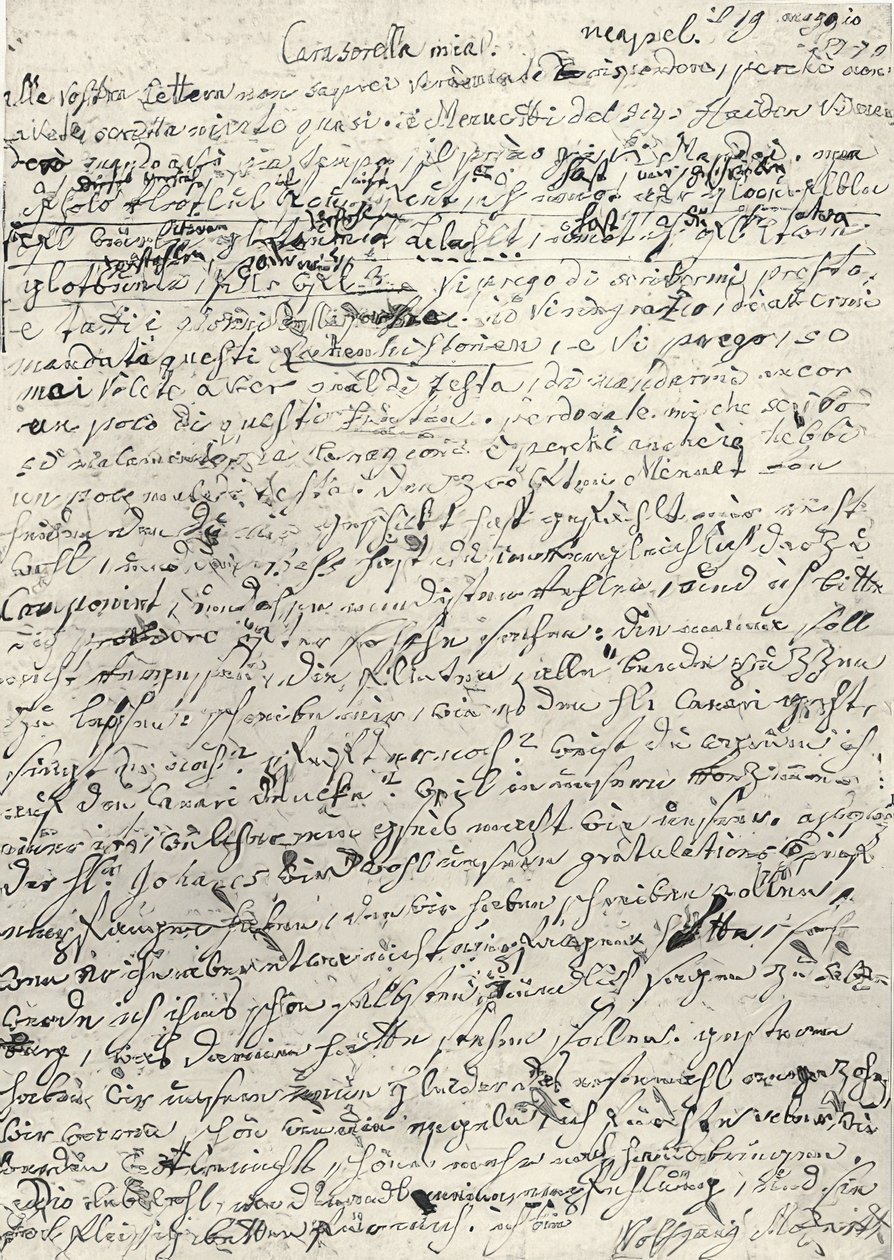 Wolfgang Amadeus Mozart (1756-1791) österreichischer Komponist. Eigenhändiger Brief an seine Schwester Nannerl. Neapel 19. März 1770 von Wolfgang Amadeus Mozart