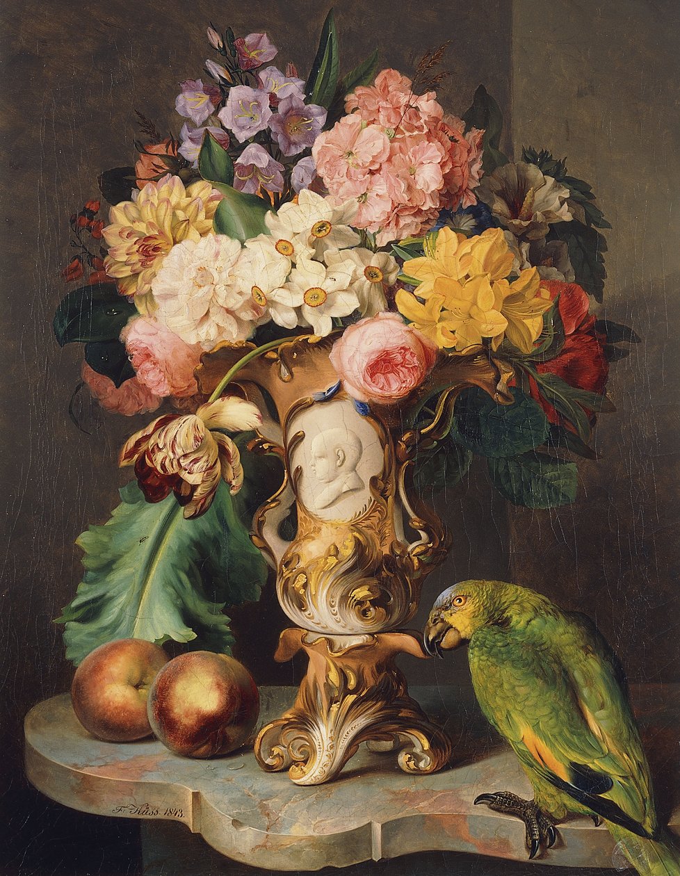 Stillleben mit einer Vase mit verschiedenen Blumen, Pfirsichen und einem Papagei auf einer Marmorkante von Wolfgang Küss