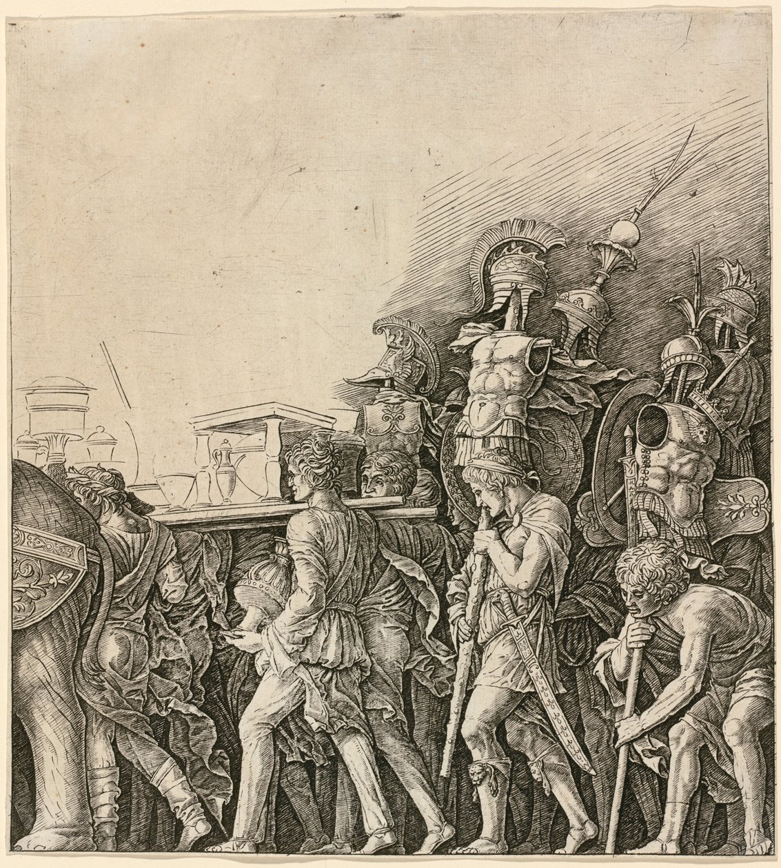 Der Triumph Caesars: Soldaten tragen Trophäen von Workshop of Andrea Mantegna