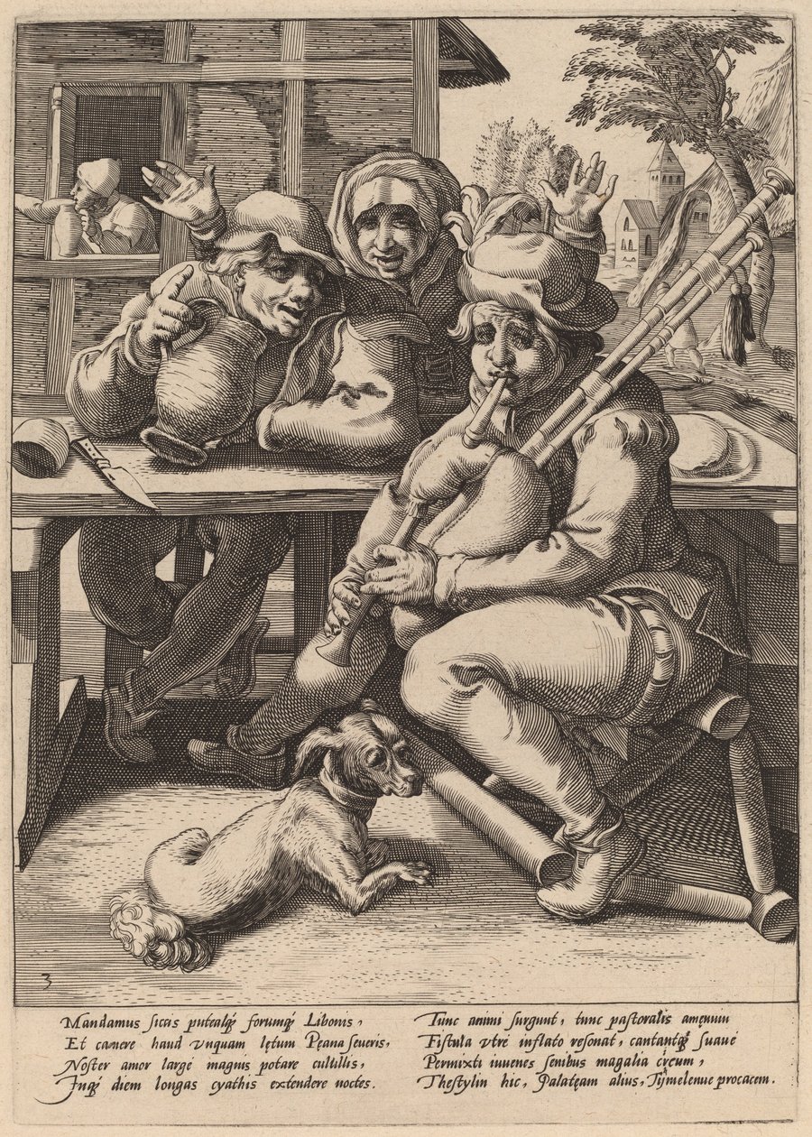 Der Dudelsack muss gefüllt werden von Workshop of Hendrick Goltzius, after Karel van Mander I