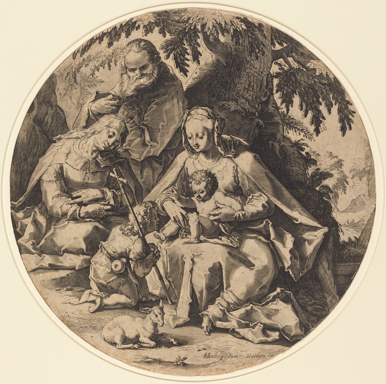 Die Heilige Familie mit der heiligen Elisabeth und dem heiligen Johannes dem Täufer von Workshop of Jacob Matham, after Hendrik Goltzius