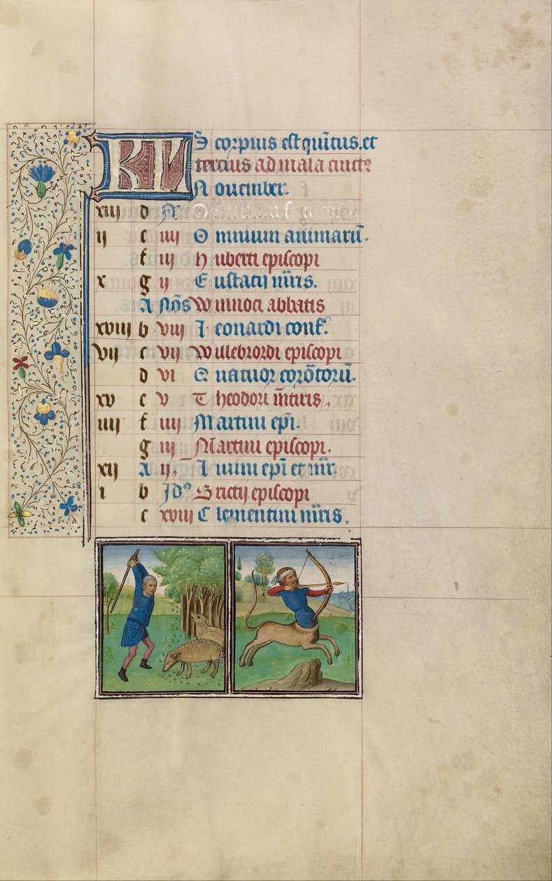 Ein Mann schlägt Eicheln von einem Baum; Tierkreiszeichen Schütze von Workshop of Willem Vrelant