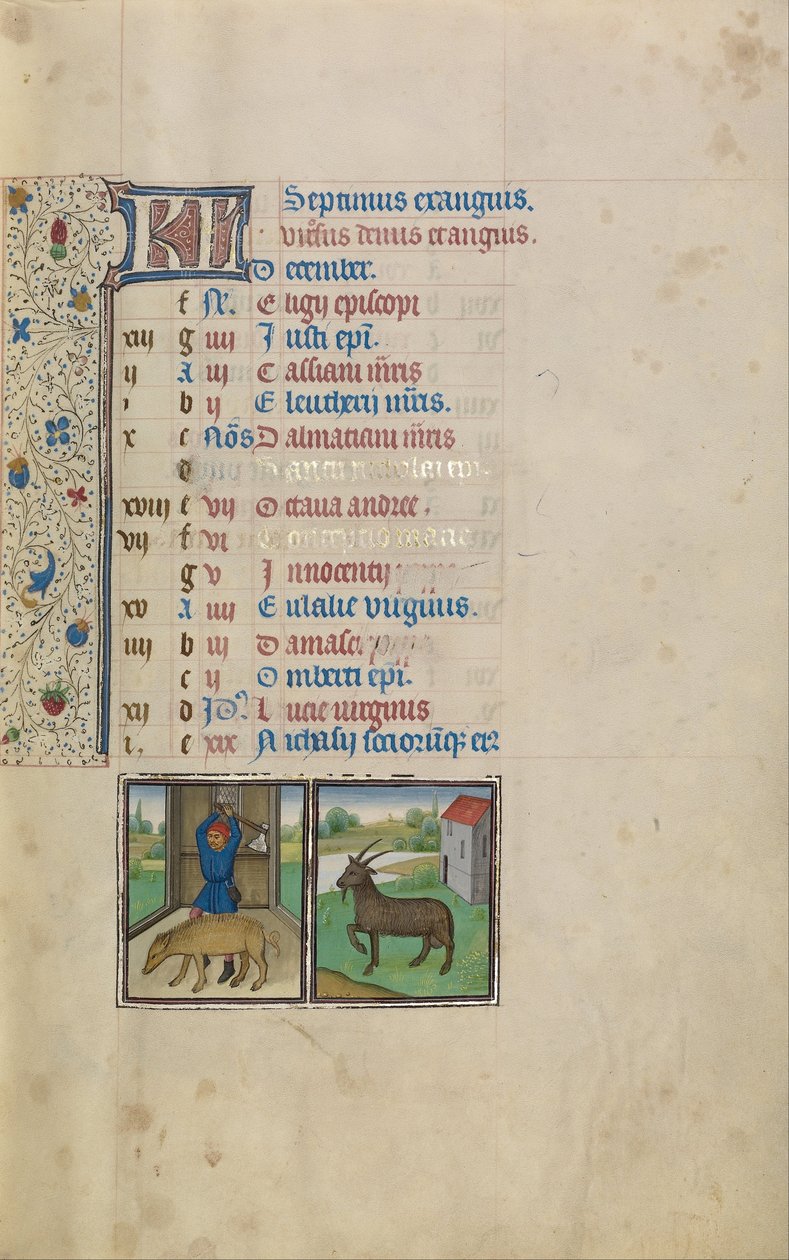 Ein Mann beim Schweineschlachten; Sternzeichen Steinbock von Workshop of Willem Vrelant
