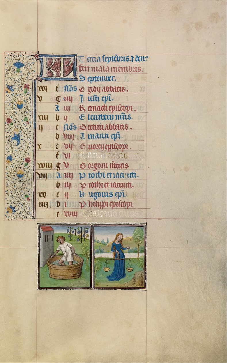 Ein Mann beim Traubenstampfen; Sternzeichen Waage von Workshop of Willem Vrelant