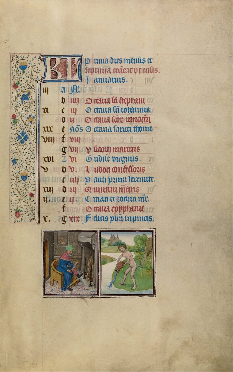 Ein Mann wärmt sich am Feuer; Sternzeichen Wassermann von Workshop of Willem Vrelant
