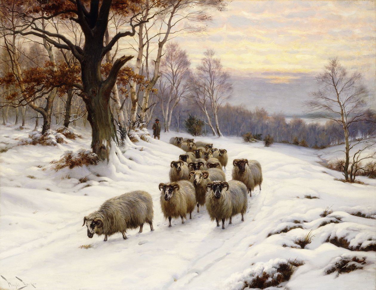 Ein Hirte und seine Herde auf einem Pfad im Winter von Wright Barker