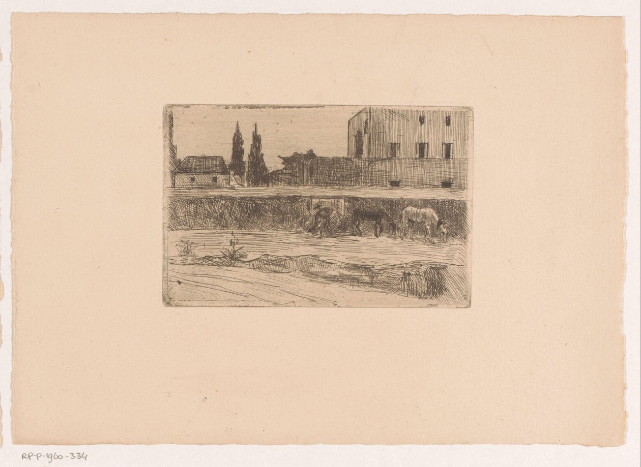 Landschaft mit Bebauung und einer arbeitenden Figur von Xavier Mellery (attributed to)