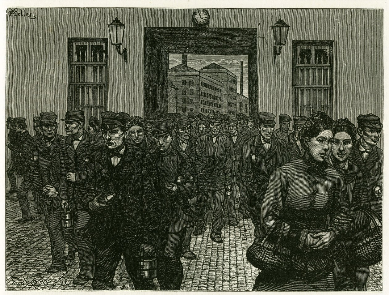 Ein Fabrikausgang in Gent. Gravur von X. Mellery zur Illustration der Geschichte Belgium von Xavier Mellery