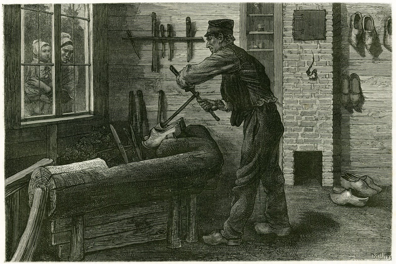 Der Saboteur von Terneuzen, vergrößert und gräbt das Holz mit Hilfe von Kramms. Gravur von X. Mellery, nach der Natur, zur Illustration der Geschichte „Belgien“, 1888, von Camille Lemonnier (1844-1913), Kunstkritiker und Schriftsteller. von Xavier Mellery