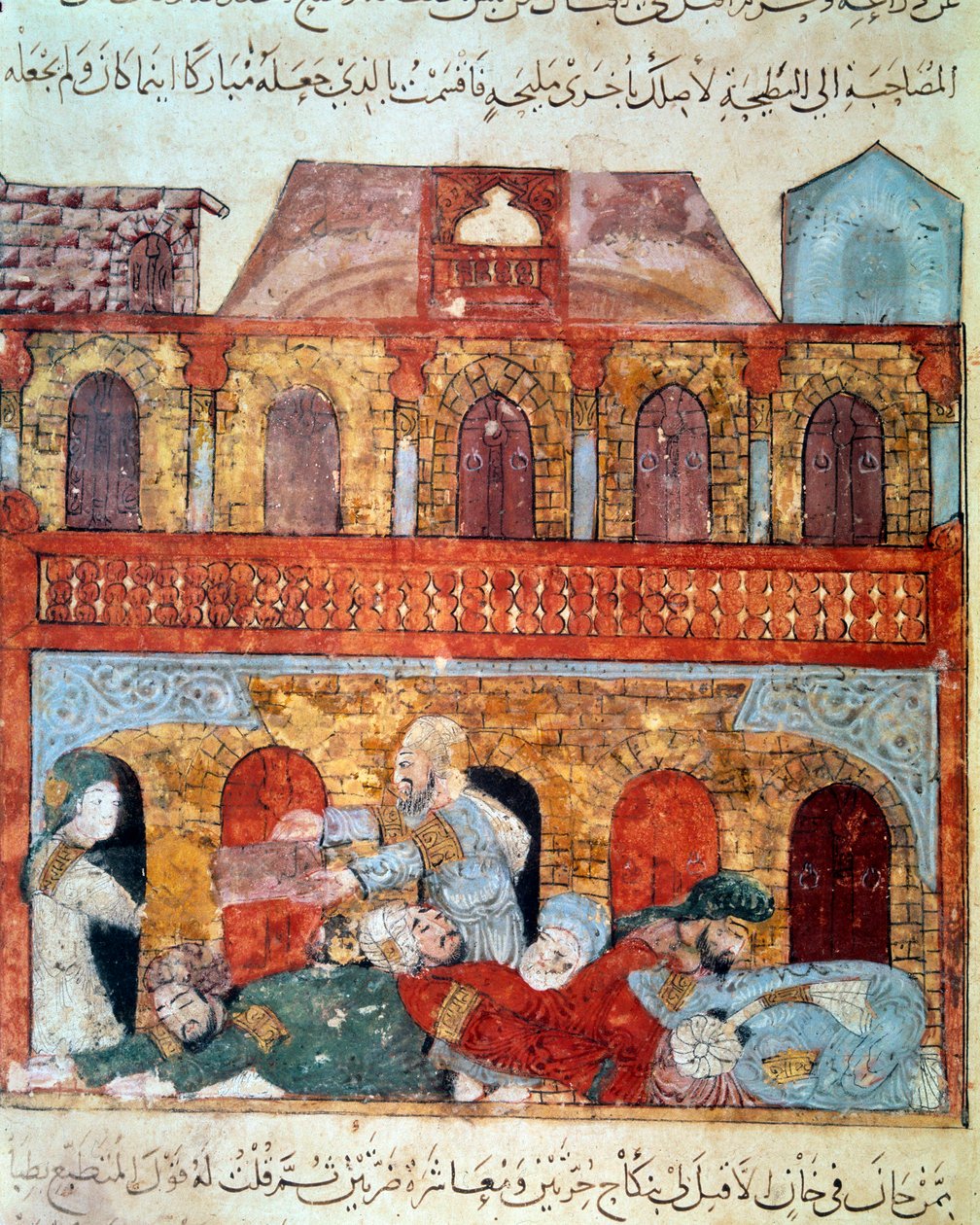 Der vagabundierende Navigator Abu-Zayd und die schlafenden Händler. Miniatur aus den Maqamat (Seances) von Abu Mohammed al-Kasim ibn Ali Hariri (1054-1122) illuminiert von Yahya Mahmud al-Wasiti von Yahya ibn Mahmud Al Wasiti