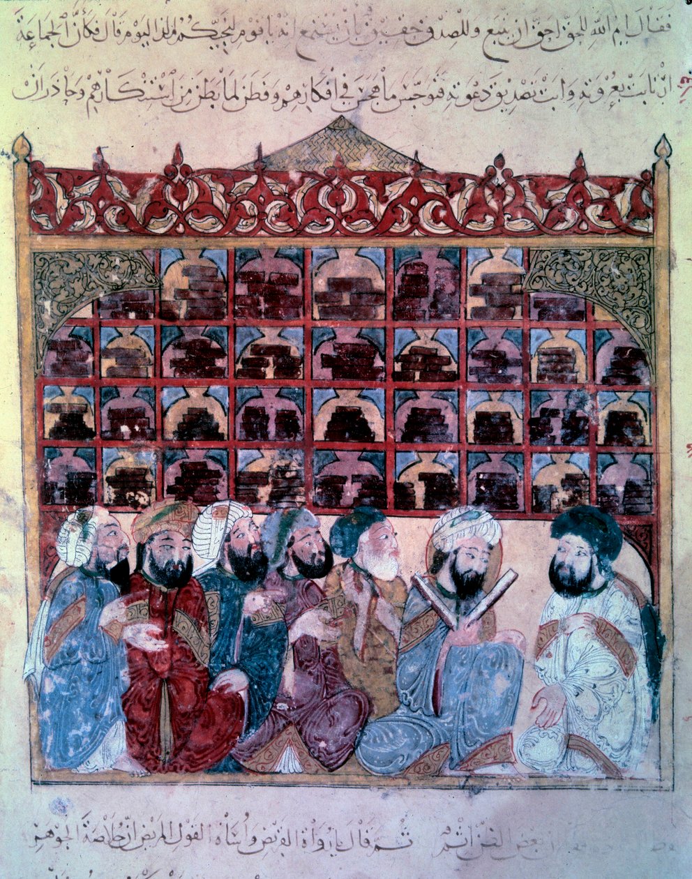 Der vagabundierende Navigator Abu-Zayd hält eine Rede in der Bibliothek von Basra. Miniatur aus den Maqamat (Seances) von Abu Mohammed al-Kasim ibn Ali Hariri (1054-1122) illuminiert von Yahya Mahmud al-Wasiti von Yahya ibn Mahmud Al Wasiti
