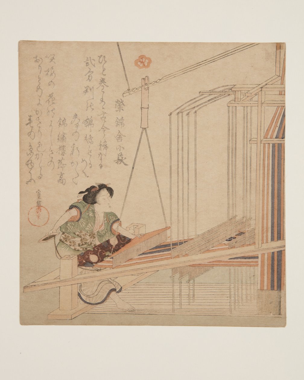Frau beim Weben an einem Webstuhl (Farbholzschnitt) von Yanagawa Shigenobu