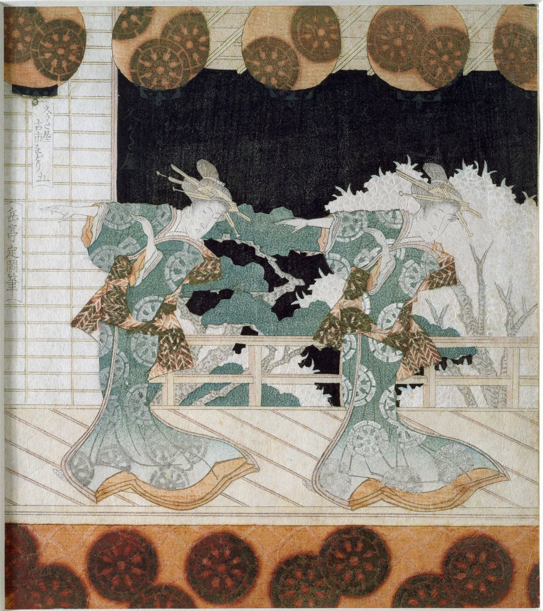 Tänzer in traditioneller Tracht auf einer Bühne Japanischer Druck „Surimono“ von Yashima Gakutei (1786-1868) 1822 Private Sammlung von Yashima Gakutei