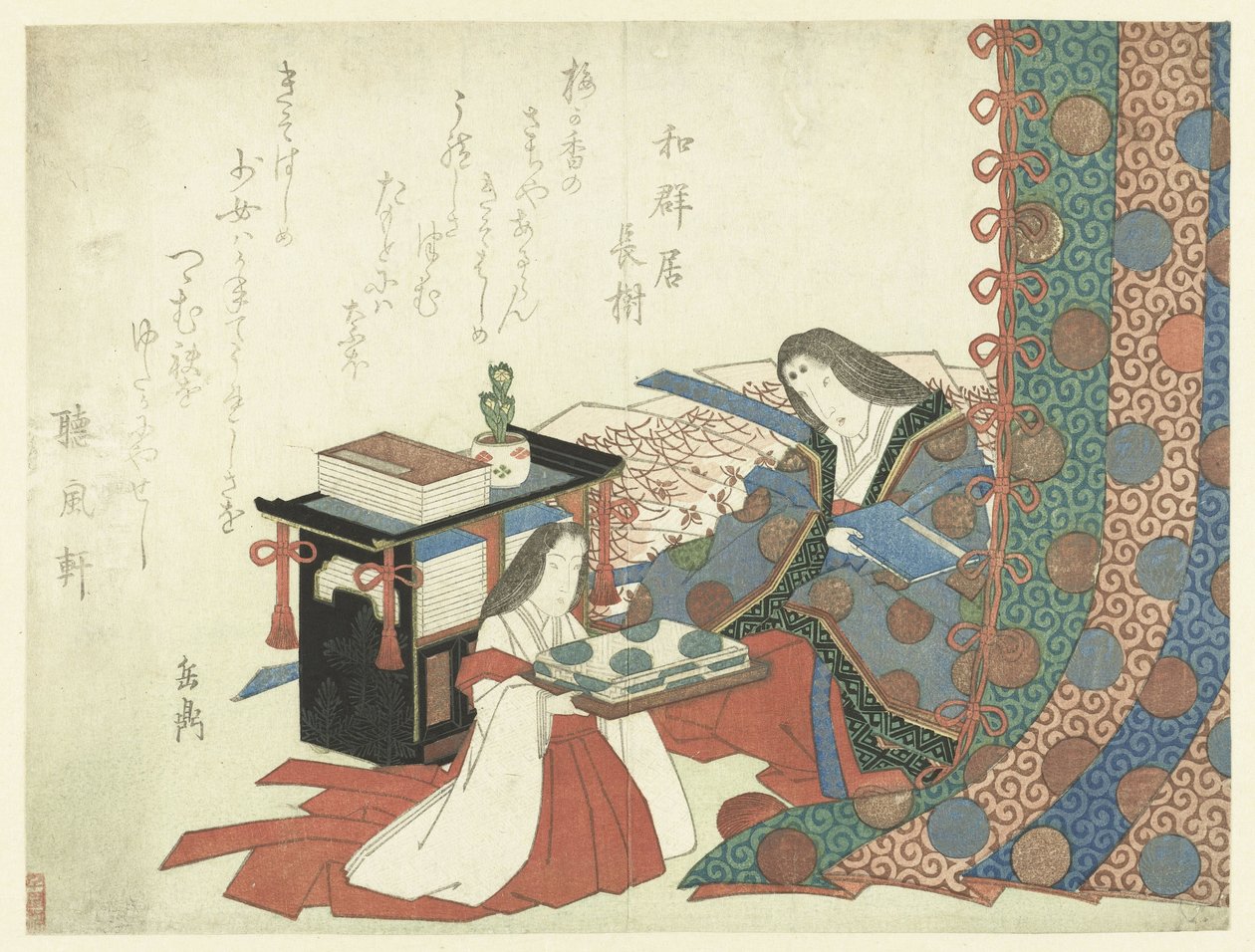 Page bietet einer Dame Kleidung an von Yashima Gakutei