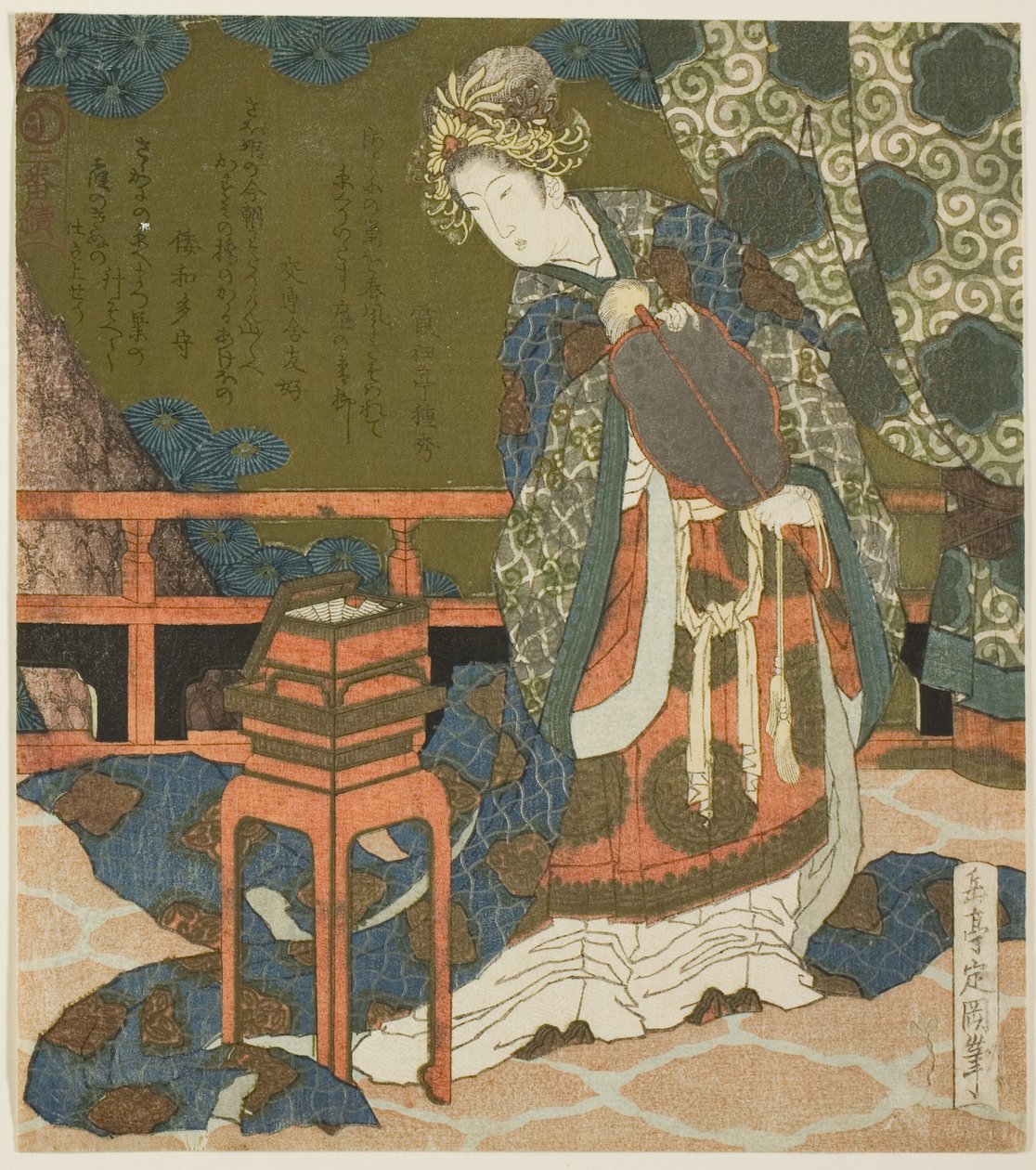 Zwei chinesische Frauen untersuchen Faden und ein Spinnennetz in einer Schachtel, aus der Serie "Diptychon für die Trommelgruppe" von Yashima Gakutei