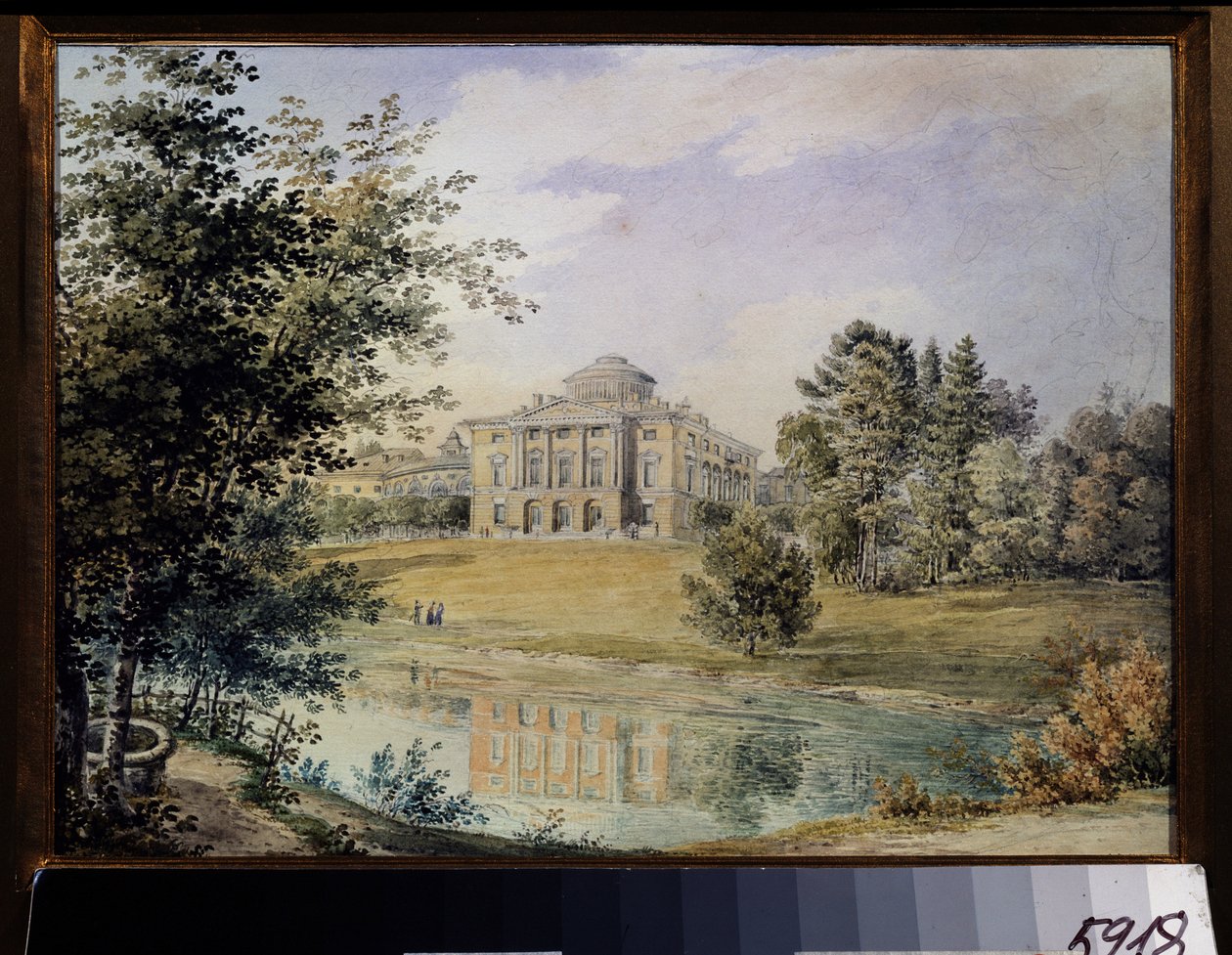 Ansicht des Pawlowsk-Palastes (Sankt Petersburg). Erbaut zwischen 1782 und 1786 von Architekt Charles Cameron. Werk von Yegor Yegorovich Meier (1822-1867), Aquarell auf Papier von Yegor Yegorovich Meier