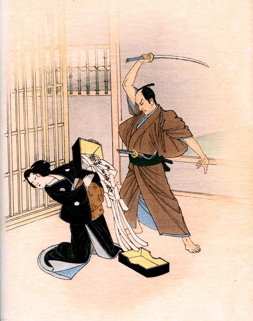 Traditionelles japanisches Theater: Ein Schauspieler bedroht eine Schauspielerin mit einem Schwert von Yoshimune Arai