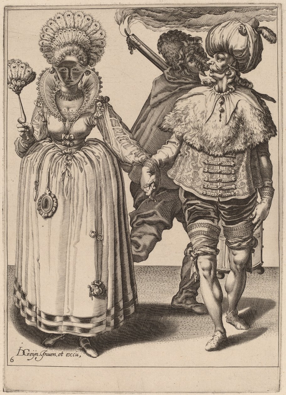 Ein Mann mit Turban führt eine Frau mit Pfauenfedern von Zacharias Dolendo after Jacques de Gheyn II