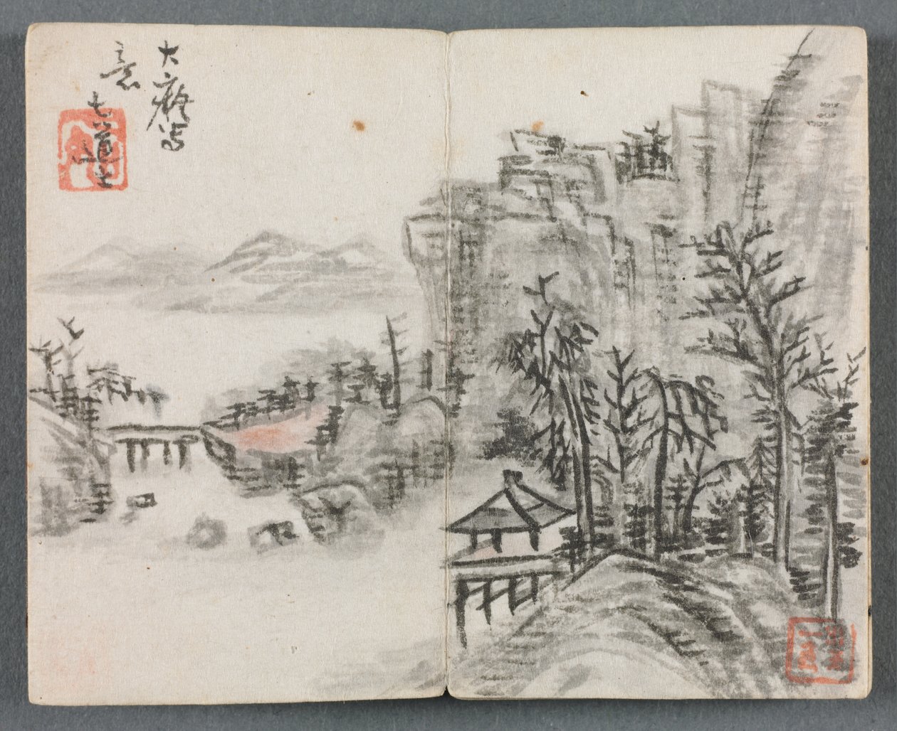 Miniaturalbum mit Figuren und Landschaft (Klippenlandschaft mit Brücke) von Zeng Yandong